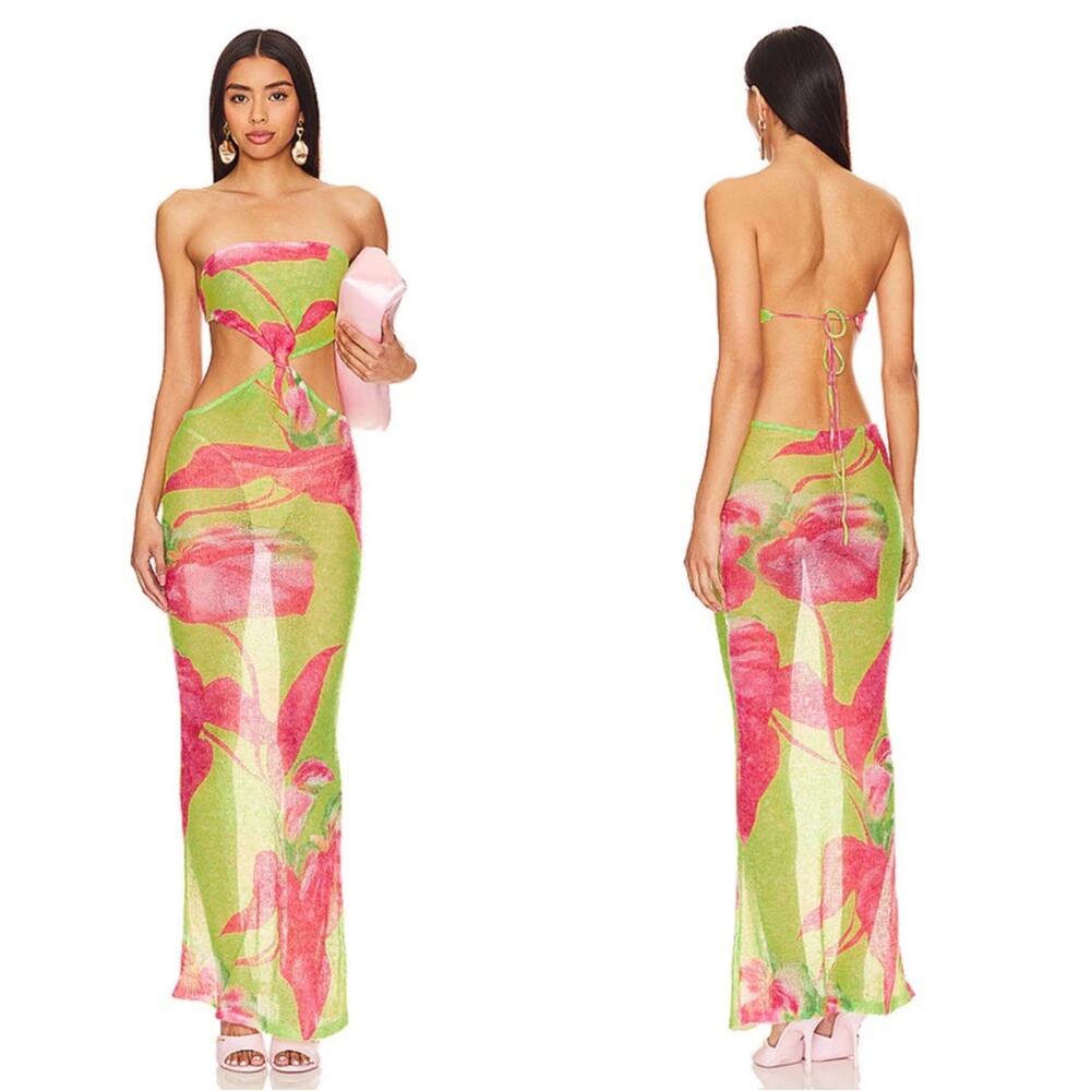 Retrofete Fontelina Mohair Knit Floral Cutout Lime Anthurium Maxi Dress Size XS